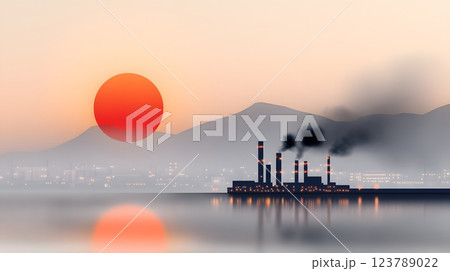 Flat vector illustration of a bright sun obscured by thick industrial smog 123789022