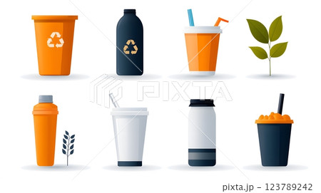 Flat vector illustration of plastic pollution icons, including plastic bottles, bags, and straws Flat vector illustration of plastic pollution icons, including plastic bottles, bags, and straws 123789242