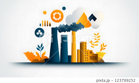 Flat vector illustration of a factory pollution icon with smoke and toxic symbols 123789252