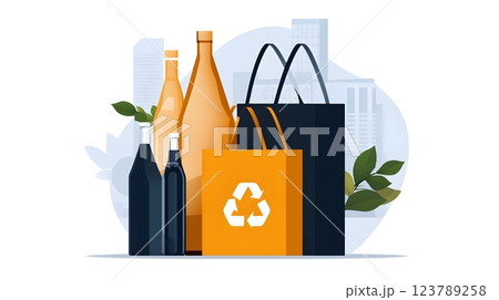 Flat vector illustration of waste disposal pollution icon with trash bags and landfill 123789258