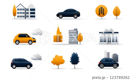 Flat vector illustration of urban pollution icons, including car emissions, waste, and smog 123789262