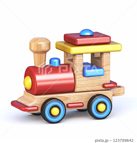 Wooden toy train locomotive 3D 123789642