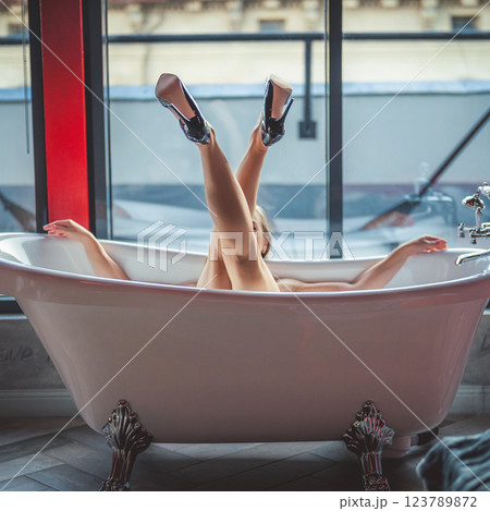 Woman relax in bathrobe at home, closeup 123789872