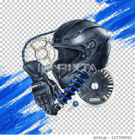 Motorcycle helmet, protective gloves, shock absorber, chain and speedometer with bright blue watercolor spot. Moto gear and equipment. Biker illustration isolated from background. Posters, postcard Motorcycle helmet, protective gloves, shock absorber, chain and speedometer with bright blue watercolor spot. Moto gear and equipment. Biker illustration isolated from background. Posters, postcard 123789882