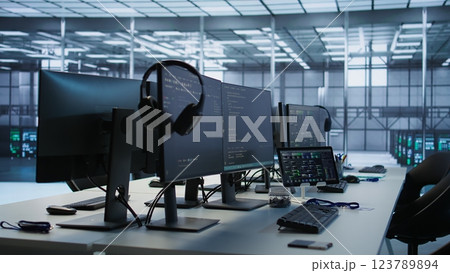 Artificial intelligence applications used in data center workplace to maintain company network equipment, handheld camera shot. AI programs used in server room to ensure optimal system performance Artificial intelligence applications used in data center workplace to maintain company network equipment, handheld camera shot. AI programs used in server room to ensure optimal system performance 123789894