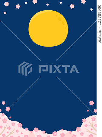 満月と桜と桜の花びら、夜桜の背景イラスト 123789900