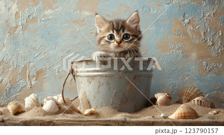 Adorable kitten in rustic bucket surrounded by seashells on sandy surface 123790157