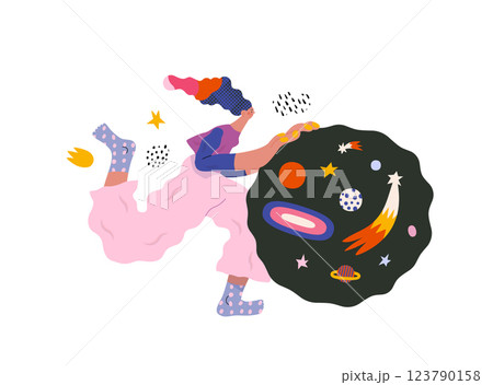 Life Unframed: Space -modern flat vector concept illustration of a encapsulated universe pusher. Metaphor of unpredictability, imagination, whimsy, cycle of existence, play, growth and discovery 123790158