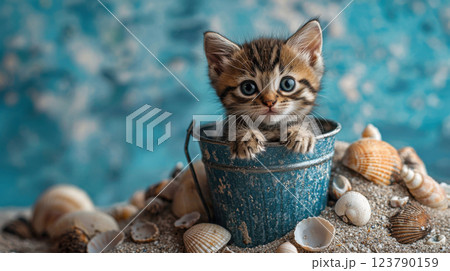 Cute kitten peeks out of small blue bucket surrounded by seashells on sandy ground 123790159