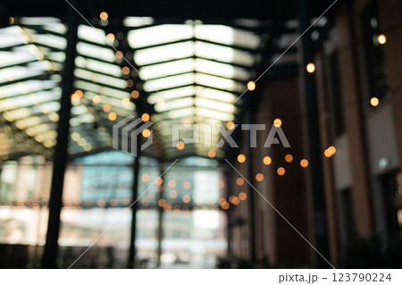 Festive, Christmas, New Year background. Evening. Night. Homely, cozy background. Abstract background of a night view and golden garlands. Bokeh.  123790224