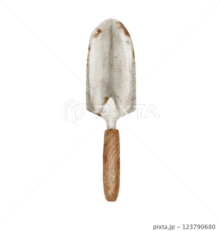 A garden spatula with a wooden handle and a metal blade. Watercolor illustration of a vintage tool with rust spots. It is used in horticulture, floriculture and horticulture. 123790680