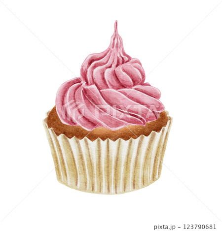 Cupcake with pink cream watercolor illustration on white. For birthday, party, wedding typography, packaging for bakery, labels, cards. 123790681