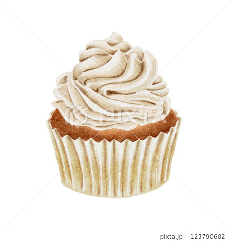 Cupcake with white cream watercolor illustration on white. For birthday, party, wedding typography, packaging for bakery, labels, cards. 123790682