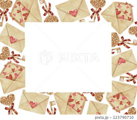 Vintage gold key with red bow, hearts and letters envelope for Valentines Day frame on white. Watercolor illustration for postcards, wedding invitations, holidays, stickers, packaging, textile. 123790710