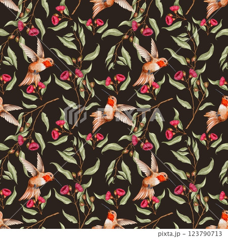 Tropical Hummingbird, eucalyptus with flowers seamless pattern on black background. Watercolor illustration for textile, fabric, wallpaper, card, packaging, party. Tropical Hummingbird, eucalyptus with flowers seamless pattern on black background. Watercolor illustration for textile, fabric, wallpaper, card, packaging, party. 123790713