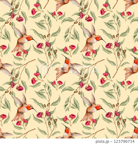 Tropical Hummingbird, eucalyptus with flowers seamless pattern on yellow background. Watercolor illustration for textile, fabric, wallpaper, card, packaging, party. Tropical Hummingbird, eucalyptus with flowers seamless pattern on yellow background. Watercolor illustration for textile, fabric, wallpaper, card, packaging, party. 123790714