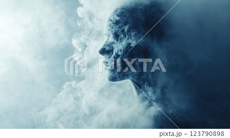 Silhouette of a female face in mystical smoke swirls. Concept of weight loss and health Silhouette of a female face in mystical smoke swirls. Concept of weight loss and health 123790898