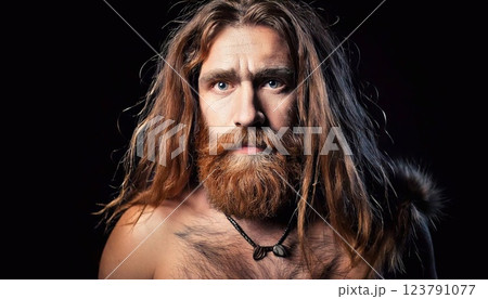 Portrait of a caveman showcasing rugged features and historical attire 123791077