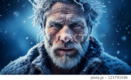 Portrait of a man covered in frost with a piercing gaze in a winter setting 123791096