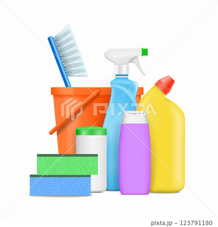 Bottles with cleaning and detergents for cleaning 123791180