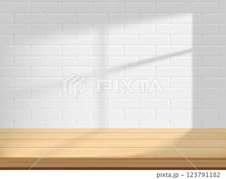 Kitchen wooden table on tile wall background 123791182