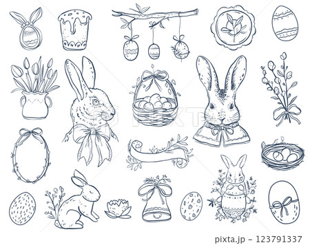 Easter clipart Vector set icon on isolated background. Naive Linear contour illustration vintage spring design elements for logotype or contemporary design. Cute monochrome contour drawings. Easter clipart Vector set icon on isolated background. Naive Linear contour illustration vintage spring design elements for logotype or contemporary design. Cute monochrome contour drawings. 123791337