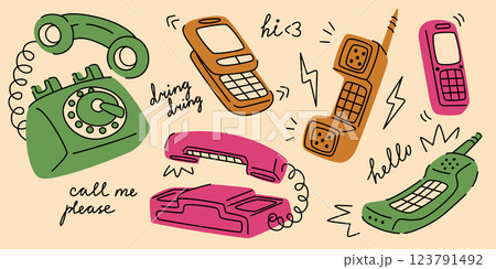 Vintage cartoon phone set illustration Vintage cartoon phone set illustration 123791492