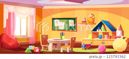 Kindergarten room with toys and furniture Kindergarten room with toys and furniture 123791562