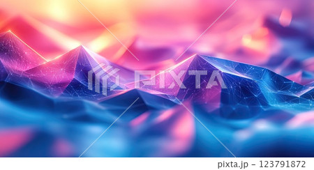 Abstract landscape with colorful geometric peaks and gradients highlighting a surreal atmosphere during evening light Abstract landscape with colorful geometric peaks and gradients highlighting a surreal atmosphere during evening light 123791872