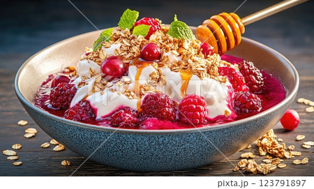Delicious breakfast bowl with yogurt, fresh raspberries, granola, and honey served in an elegant dish 123791897