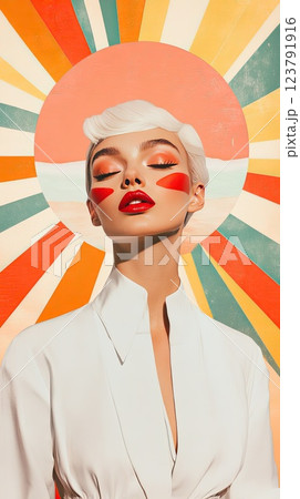 Stylish portrait of a model with bold makeup against a colorful retro background set in an artistic studio 123791916