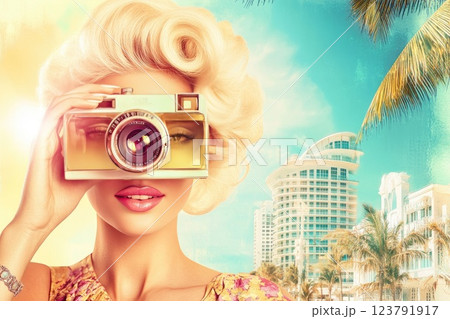 Model posing with a vintage camera against a sunny Miami Beach backdrop featuring tall buildings and palm trees 123791917