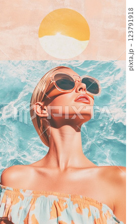 Woman enjoying a sunny day by the turquoise ocean with sunglasses, embracing the warm summer vibes at sunset 123791918