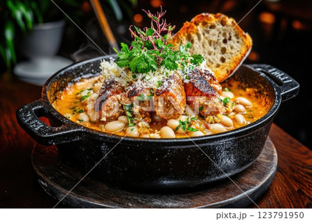 Mouthwatering meatballs served in a flavorful sauce with herbs and crusty bread, perfect for a cozy dining experience Mouthwatering meatballs served in a flavorful sauce with herbs and crusty bread, perfect for a cozy dining experience 123791950