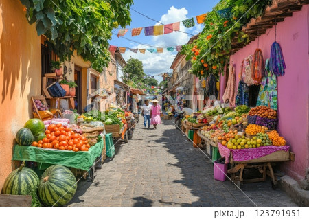 Colorful market street bustling with fresh produce and crowds in vibrant town Colorful market street bustling with fresh produce and crowds in vibrant town 123791951