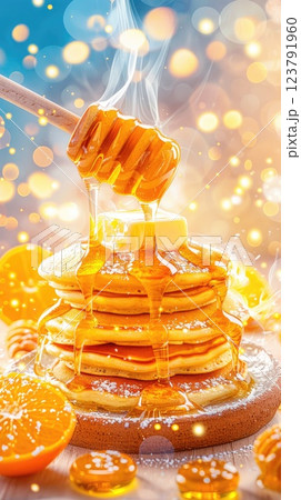 Delicious stack of pancakes drizzled with honey and topped with butter against a vibrant background 123791960