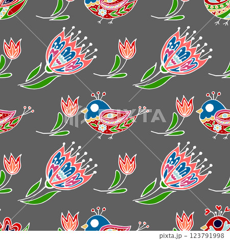 Folk bird and flower ornament. Pattern in hand draw style, created for fabrics 123791998