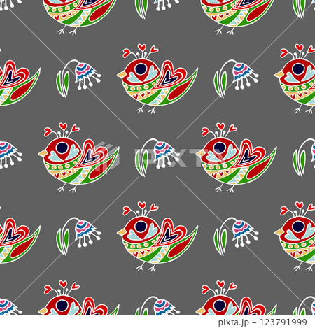 Folk bird and flower ornament. Pattern in hand draw style, created for fabrics Folk bird and flower ornament. Pattern in hand draw style, created for fabrics 123791999