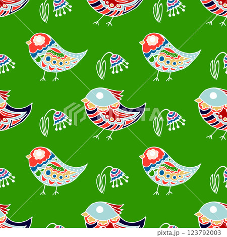 Folk bird and flower ornament. Pattern in hand draw style, created for fabrics Folk bird and flower ornament. Pattern in hand draw style, created for fabrics 123792003
