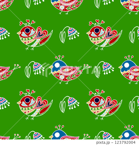 Folk bird and flower ornament. Pattern in hand draw style, created for fabrics 123792004