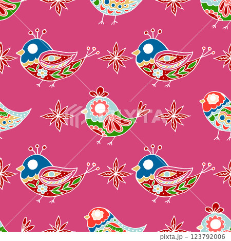Folk bird and flower ornament. Pattern in hand draw style, created for fabrics Folk bird and flower ornament. Pattern in hand draw style, created for fabrics 123792006