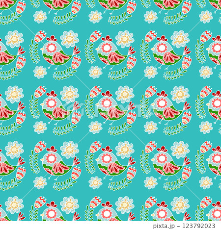 Folk bird and flower ornament. Pattern in hand draw style, created for fabrics Folk bird and flower ornament. Pattern in hand draw style, created for fabrics 123792023