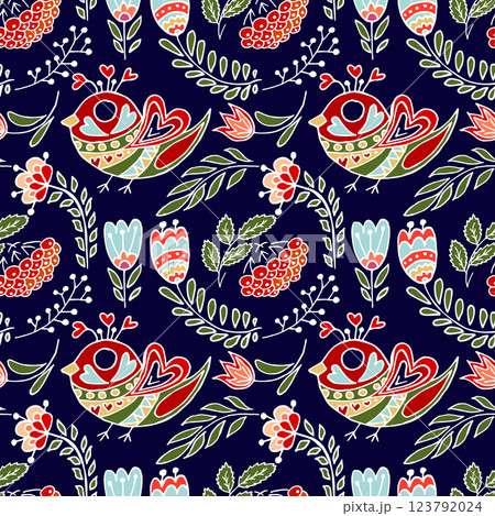 Folk bird and flower ornament. Pattern in hand draw style, created for fabrics 123792024