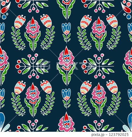 Folk bird and flower ornament. Pattern in hand draw style, created for fabrics Folk bird and flower ornament. Pattern in hand draw style, created for fabrics 123792025
