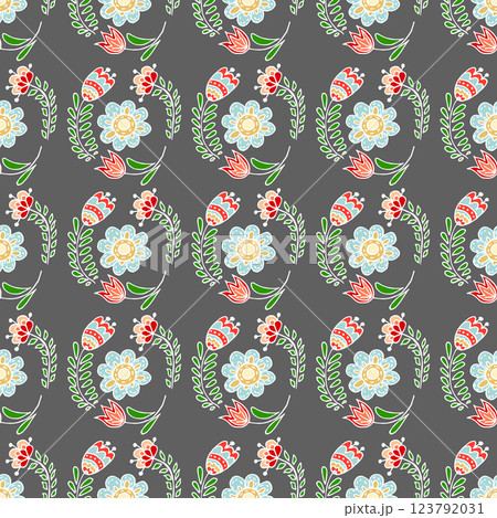 Folk bird and flower ornament. Pattern in hand draw style, created for fabrics Folk bird and flower ornament. Pattern in hand draw style, created for fabrics 123792031