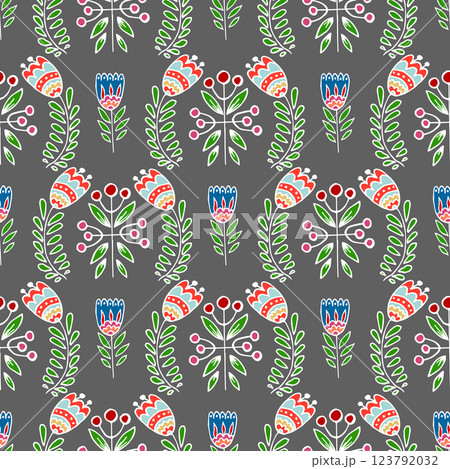 Folk bird and flower ornament. Pattern in hand draw style, created for fabrics 123792032