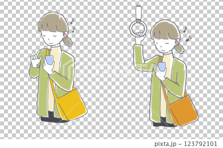 ワイヤレスイヤホンで音楽を聴いている出勤途中の女性のイラストセット 123792101