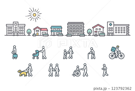 City facilities, buildings and people walking 123792362
