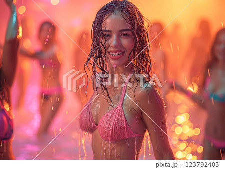 Young beautiful woman dancing and singing on night swimming pool disco party.Macro.AI Generative. 123792403