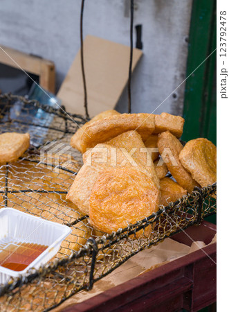Japanese fried tofu on tray. Japanese fried tofu on tray. 123792478